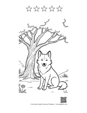 Thumbnail: Alert Gray Wolf Watching from Behind a Forest Tree Printable and 5 Star Outline
