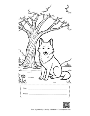 Thumbnail: Alert Gray Wolf Watching from Behind a Forest Tree Printable with Title and Artist Box