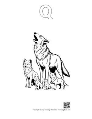 Thumbnail: Alpha Wolf Howling with Pups Printable Outline Alphabet Q