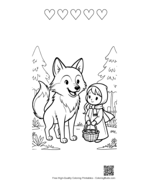 Thumbnail: Big Wolf Standing with a Girl Carrying a Basket Printable and 5 Heart Outline