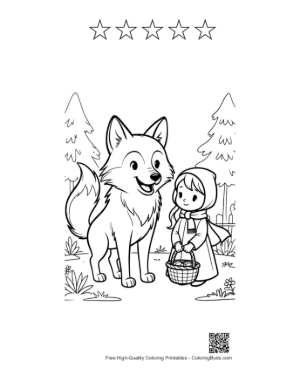 Thumbnail: Big Wolf Standing with a Girl Carrying a Basket Printable and 5 Star Outline