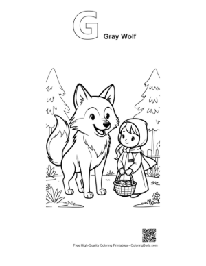 Thumbnail: Big Wolf Standing with a Girl Carrying a Basket Printable Outline Alphabet G Gray Wolf