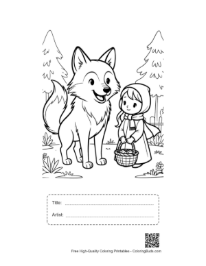Thumbnail: Big Wolf Standing with a Girl Carrying a Basket Printable with Title and Artist Box