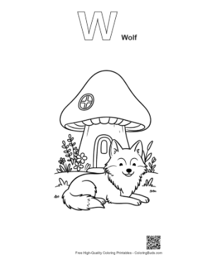 Thumbnail: Cunning Wolf Lying Down Near a Mushroom Home Printable Outline Alphabet W Wolf