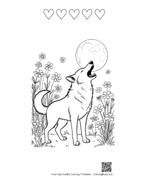 Thumbnail: Cute Howling Wolf for Kids Printable and 5 Heart Outline