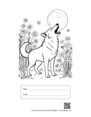 Thumbnail: Cute Howling Wolf for Kids Printable with Title and Artist Box