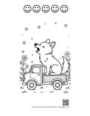 Thumbnail: Cute Wolf Sitting in a Truck Bed Howling at Night Printable and 5 Happy Face Outline
