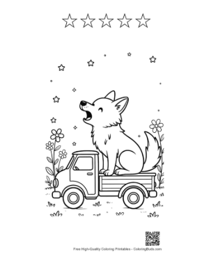 Thumbnail: Cute Wolf Sitting in a Truck Bed Howling at Night Printable and 5 Star Outline