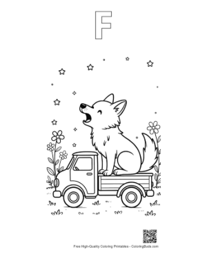 Thumbnail: Cute Wolf Sitting in a Truck Bed Howling at Night Printable Outline Alphabet F