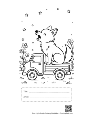 Thumbnail: Cute Wolf Sitting in a Truck Bed Howling at Night Printable with Title and Artist Box