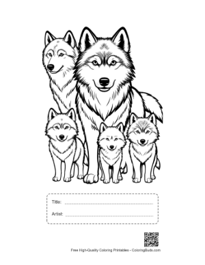 Thumbnail: Gray Wolf Family Standing Together Printable with Title and Artist Box