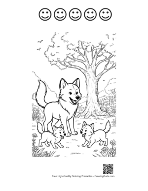 Thumbnail: Group of Cute Wolf Pups Playing Around Their Mother Printable and 5 Happy Face Outline