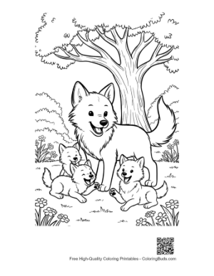Thumbnail: Happy Mother Wolf Standing with Her Playing Cubs Printable