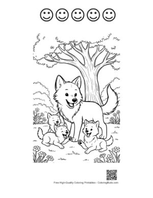 Thumbnail: Happy Mother Wolf Standing with Her Playing Cubs Printable and 5 Happy Face Outline