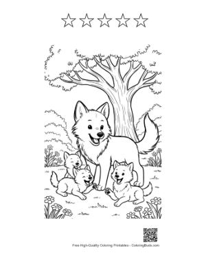 Thumbnail: Happy Mother Wolf Standing with Her Playing Cubs Printable and 5 Star Outline