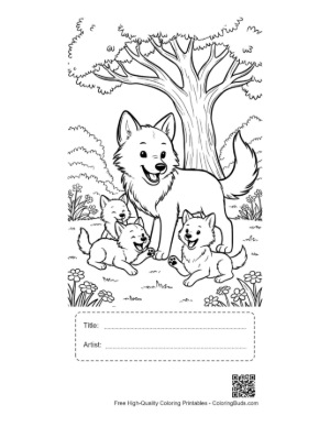 Thumbnail: Happy Mother Wolf Standing with Her Playing Cubs Printable with Title and Artist Box