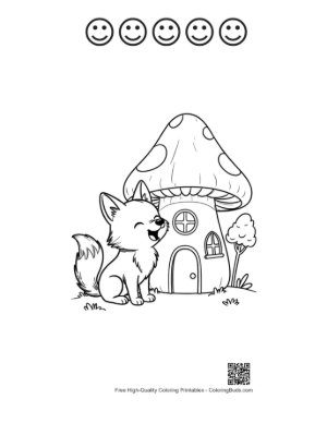 Thumbnail: Happy Wolf Pup Howling Near a Mushroom Cottage Printable and 5 Happy Face Outline