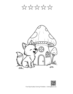 Thumbnail: Happy Wolf Pup Howling Near a Mushroom Cottage Printable and 5 Star Outline
