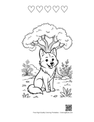 Thumbnail: Happy Wolf Pup Sitting in a Meadow of Flowers Printable and 5 Heart Outline