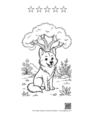 Thumbnail: Happy Wolf Pup Sitting in a Meadow of Flowers Printable and 5 Star Outline