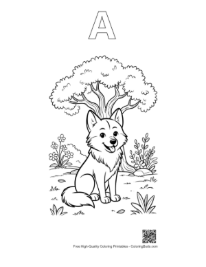 Thumbnail: Happy Wolf Pup Sitting in a Meadow of Flowers Printable Outline Alphabet A