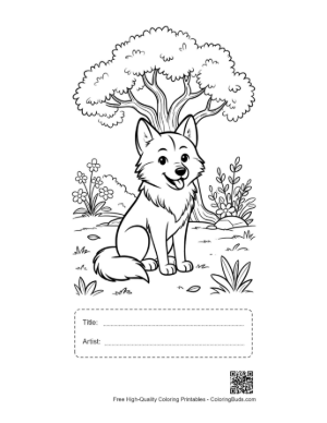 Thumbnail: Happy Wolf Pup Sitting in a Meadow of Flowers Printable with Title and Artist Box