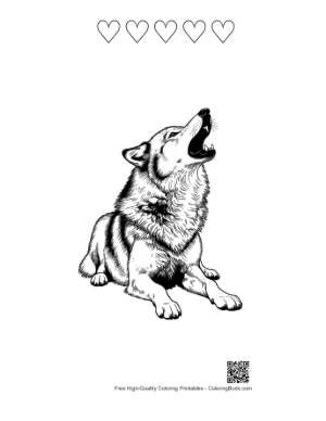 Thumbnail: Howling Gray Wolf Sketch Printable and 5 Heart Outline