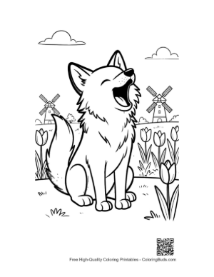 Thumbnail: Howling Wolf in a Farm Field with a Windmill Printable