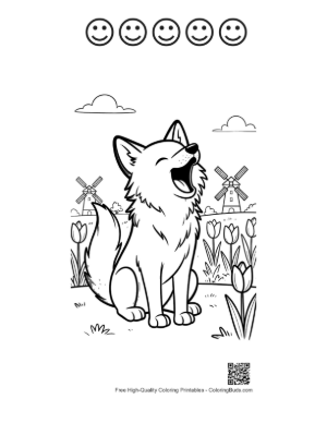 Thumbnail: Howling Wolf in a Farm Field with a Windmill Printable and 5 Happy Face Outline