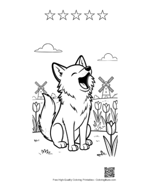 Thumbnail: Howling Wolf in a Farm Field with a Windmill Printable and 5 Star Outline