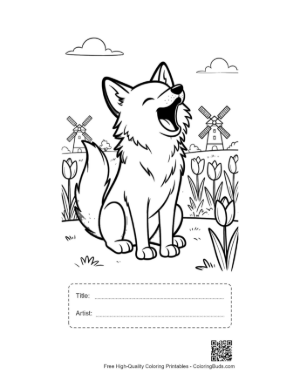 Thumbnail: Howling Wolf in a Farm Field with a Windmill Printable with Title and Artist Box