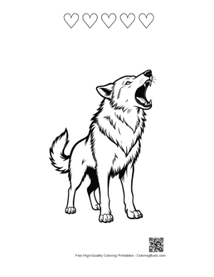 Thumbnail: Howling Wolf in Bold Line Art Printable and 5 Heart Outline