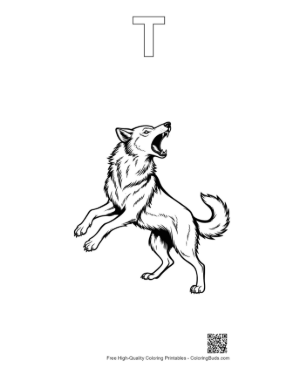 Thumbnail: Howling Wolf in Fierce Cry Printable Outline Alphabet T