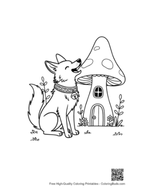 Thumbnail: Howling Wolf Sitting Beside a Tiny Fairy Mushroom Home Printable