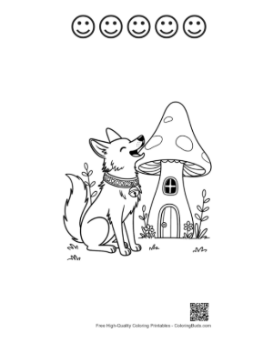 Thumbnail: Howling Wolf Sitting Beside a Tiny Fairy Mushroom Home Printable and 5 Happy Face Outline