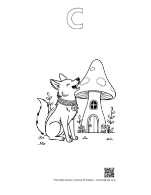 Thumbnail: Howling Wolf Sitting Beside a Tiny Fairy Mushroom Home Printable Outline Alphabet C