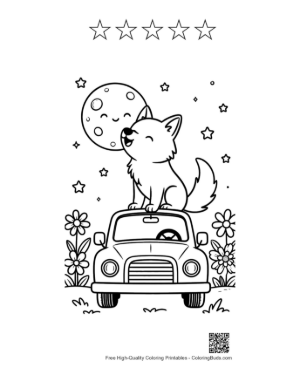 Thumbnail: Howling Wolf Sitting on the Roof of a Vintage Car Printable and 5 Star Outline