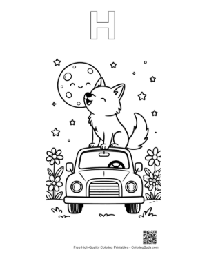 Thumbnail: Howling Wolf Sitting on the Roof of a Vintage Car Printable Outline Alphabet H