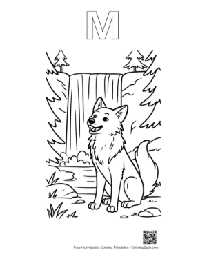 Thumbnail: Majestic Wolf Howling in Front of a Cascading Waterfall Printable Outline Alphabet M