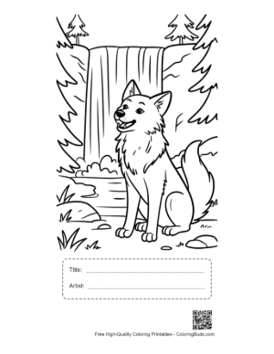 Thumbnail: Majestic Wolf Howling in Front of a Cascading Waterfall Printable with Title and Artist Box