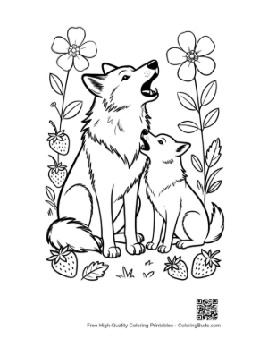 Thumbnail: Mother Wolf and Cub Howling Together in Flowers Printable