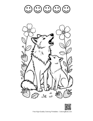 Thumbnail: Mother Wolf and Cub Howling Together in Flowers Printable and 5 Happy Face Outline