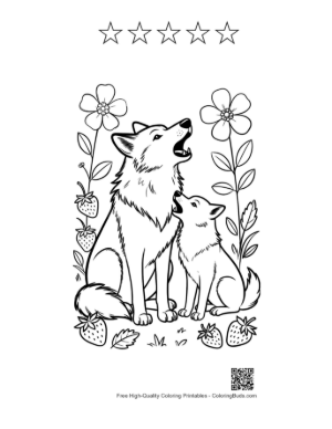 Thumbnail: Mother Wolf and Cub Howling Together in Flowers Printable and 5 Star Outline