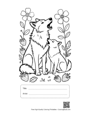 Thumbnail: Mother Wolf and Cub Howling Together in Flowers Printable with Title and Artist Box