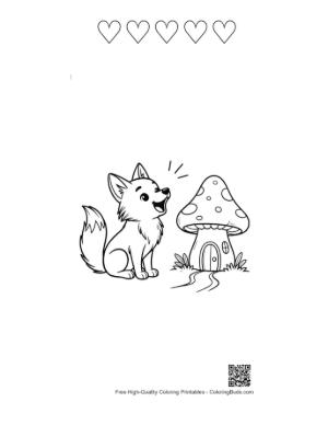 Thumbnail: Small Wolf Pup Howling Near a Mushroom House Printable and 5 Heart Outline