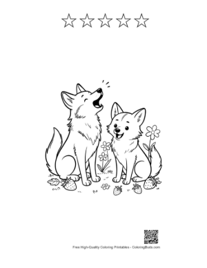 Thumbnail: Two Wolves Howling at Each Other in a Forest Printable and 5 Star Outline