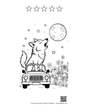 Thumbnail: Wolf Howling at the Moon from the Top of a Car Printable and 5 Star Outline