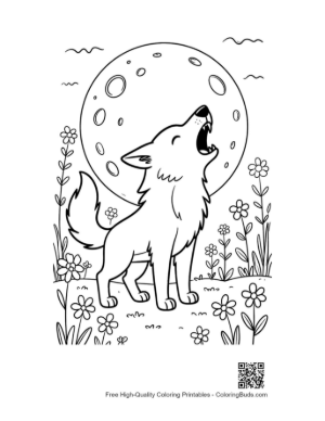 Thumbnail: Wolf Howling at the Moon Surrounded by Forest Plants Printable