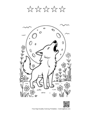 Thumbnail: Wolf Howling at the Moon Surrounded by Forest Plants Printable and 5 Star Outline