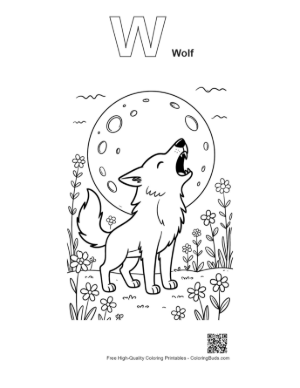Thumbnail: Wolf Howling at the Moon Surrounded by Forest Plants Printable Outline Alphabet W Wolf